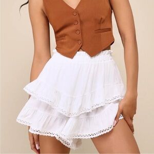 Embroidered Scalloped Trim Flowy Ruffle Tiered Short Length Mini Skort White